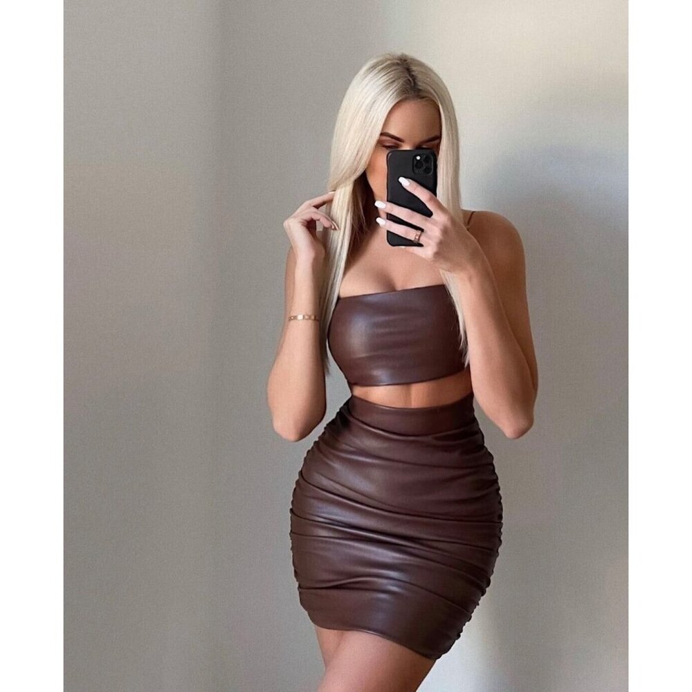 Meshki Ruched Bodycon Naomi Mini Skirt Size XS Chocolate Brown Faux Leather - Picture 2 of 15